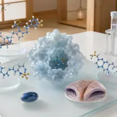 Modele cząsteczek, w tym kwas foliowy, na stole laboratoryjnym. Badanie ceny kwasu foliowego może być kluczowe dla zdrowia.
