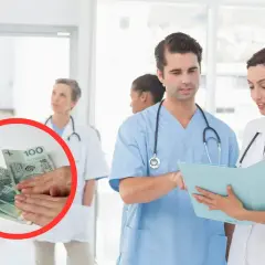 Lekarze dyskutują o tym, ile zarabia analityk medyczny, patrząc na dokumenty i pieniądze.