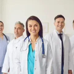 Uśmiechnięty zespół medyków, gotowy do pracy. Ich zaangażowanie zasługuje na podwyżki w ochronie zdrowia.