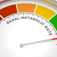 Wskaźnik tempa metabolizmu spoczynkowego z kolorowymi strefami i czerwoną wskazówką.