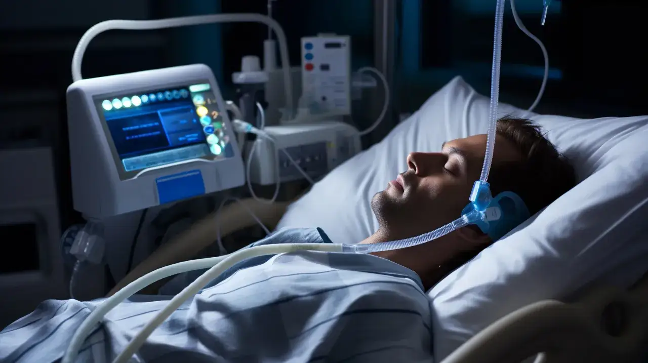 Mężczyzna śpi podłączony do aparatury medycznej, która monitoruje jego funkcje życiowe. To badanie snu, które pomoże zdiagnozować jego problemy.