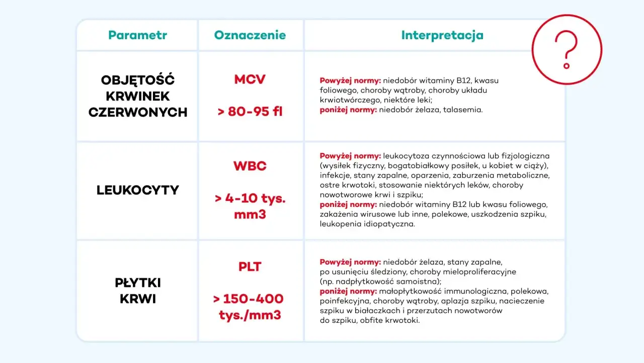 Tabela interpretuje parametry morfologii krwi: MCV (objętość krwinek czerwonych), WBC (leukocyty) i PLT (płytki krwi).
